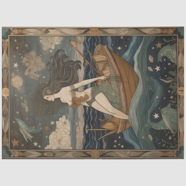 Primitive Mermaid In A Boat Painting Decoupage Tissue Paper (Front)