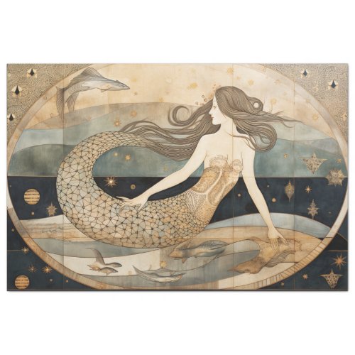 Primitive Mermaid Neutral Coastal Art Decoupage    Tissue Paper