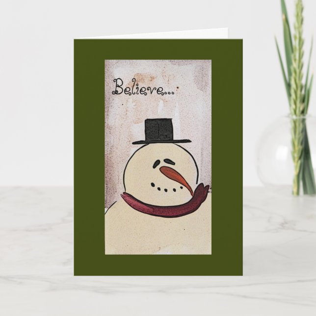 Primitive Painted Snowman Christmas Holiday Card (Front)