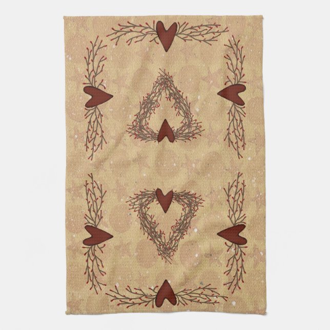 Primitive Pip Berry Heart Wreath Kitchen Towel (Vertical)