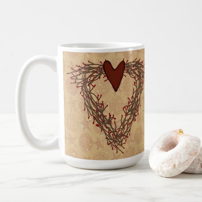 Primitive Pip Berry Heart Wreath Mug (With Donut)
