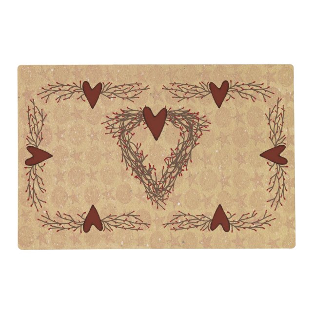 Primitive Pip Berry Heart Wreath Vinyl Placemats (Front)