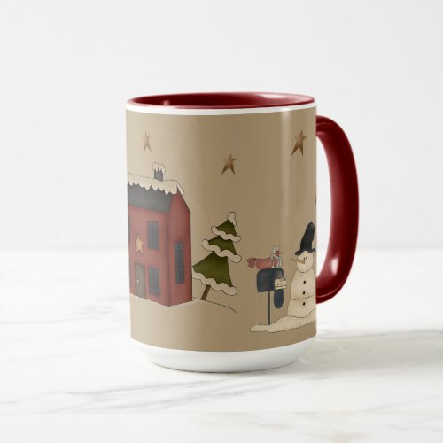 Primitive Red Colonial and Snowman  Mug