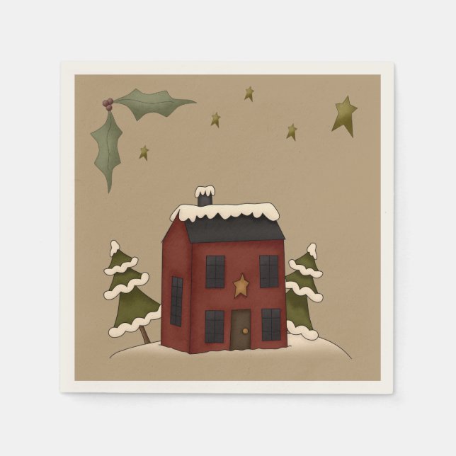 Primitive Red Colonial in the Snow Napkins (Front)