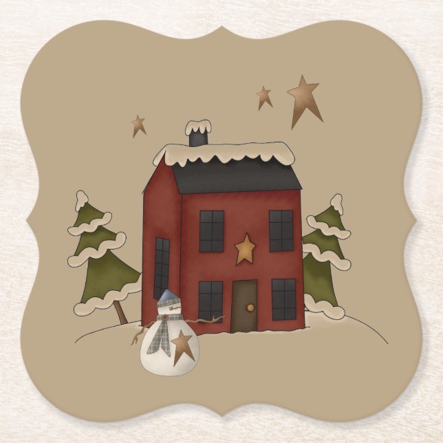 Primitive Red Colonial With Snowman Paper Coaster (Front)