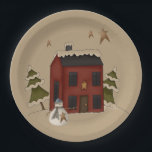 Primitive Red Colonial With Snowman Paper Plates<br><div class="desc">Primitive style paper plates show a traditional red colonial house with snow on the roof top. A whimsical snowman stands out front. Snow covered trees peak out from behind the house and stars twinkle in the sky.

Be sure to check the store for the other coordinating products.</div>