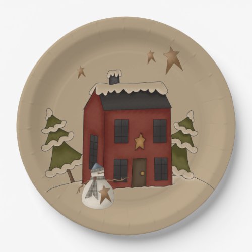 Primitive Red Colonial With Snowman Paper Plates