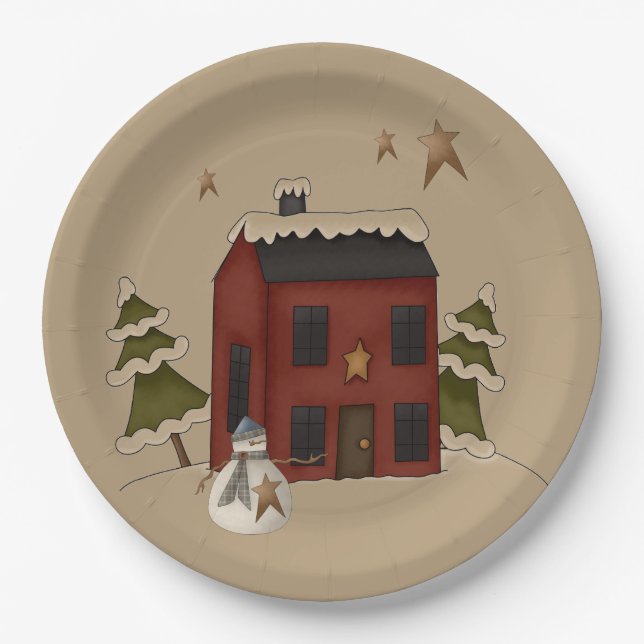 Primitive Red Colonial With Snowman Paper Plates (Front)