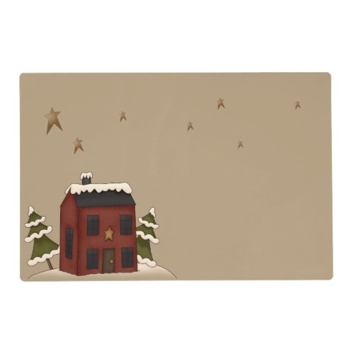 Primitive Red House And Santa Scene _ Two Sided Placemat