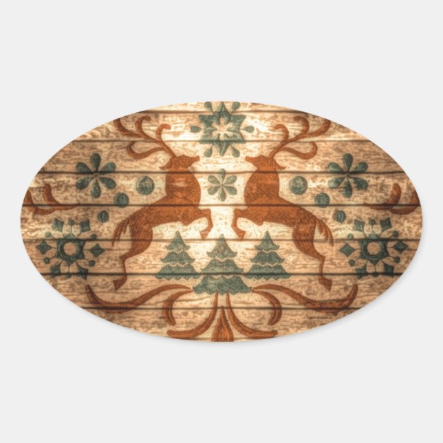 Primitive Reindeer Snowflakes Nordic christmas Oval Sticker (Front)