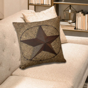 Primitive rustic burlap western country texas star throw pillow