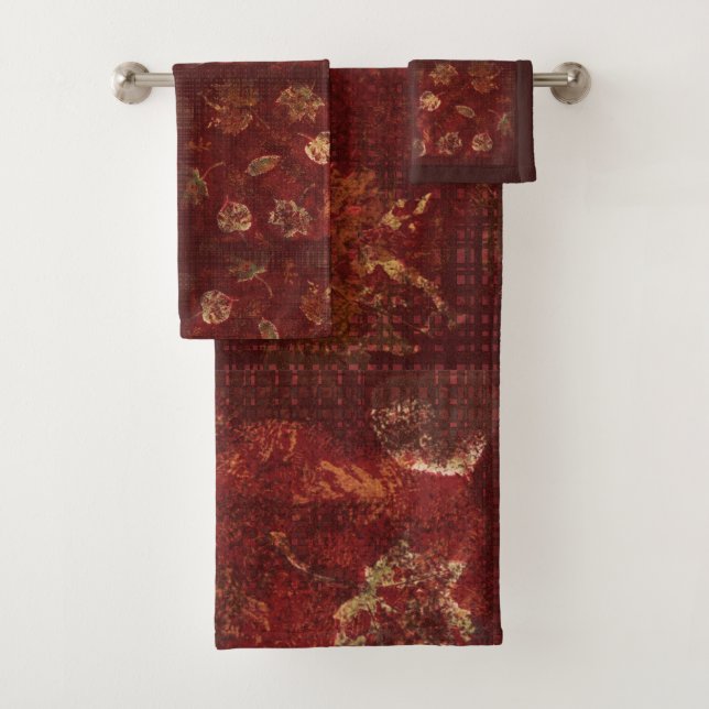 Primitive Rustic Fall Leaves and Gingham Burgundy Bath Towel Set (Insitu)