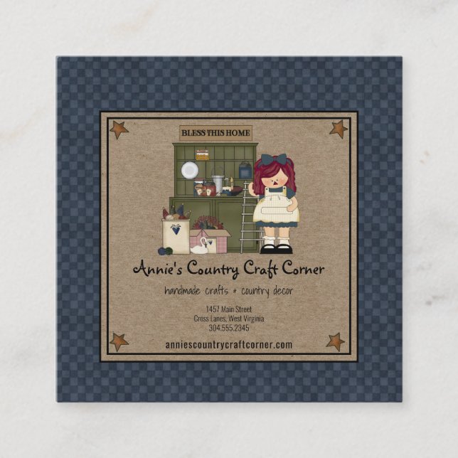 Primitive Rusty Stars Country Rag Doll Kraft Square Business Card (Front)