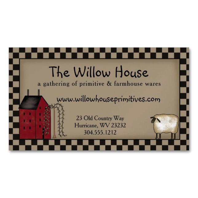 Primitive Saltbox House and Willow Tree Editable  Business Card Magnet (Front)