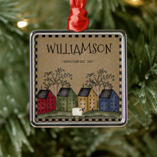 PRIMITIVE SALTBOX HOUSE FAMILY NAME RUSTIC METAL ORNAMENT