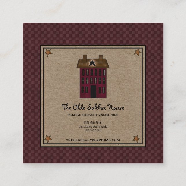 Primitive Saltbox House Rusty Star Kraft Square Business Card (Front)