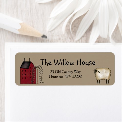 Primitive Saltbox House Willow Tree Return Address Label