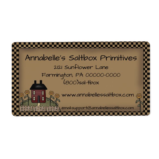 Primitive Saltbox & Sunflowers Personalized Label (Front)