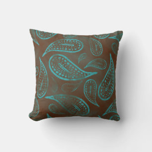Primitive Smudged Paisley Turquoise and Brown Throw Pillow