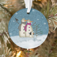 Primitive Snow Couple With Dog Acrylic Ornament