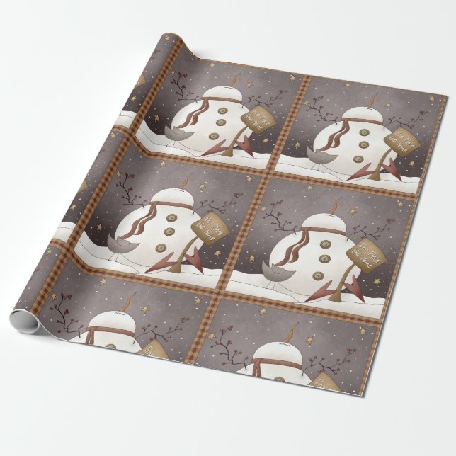 Primitive Snowman and Homespun Wrapping Paper  (Unrolled)