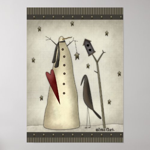 Primitive Snowman Birdhouse Crow Poster