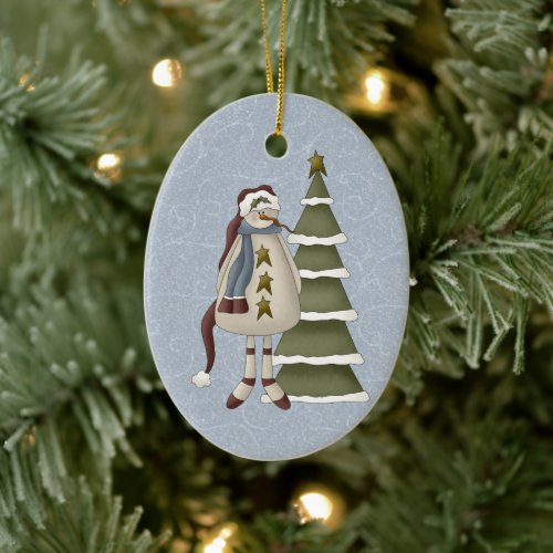 Primitive Snowman Ceramic Ornament