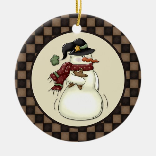 Primitive Snowman Gingerbread Man Ceramic Ornament