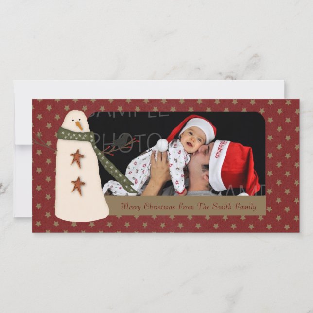 Primitive Snowman Holiday Photo Card (Front)