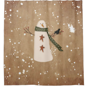COUNTRY PRIMITIVE WINTER SNOWMAN FABRIC SHOWER CURTAIN 