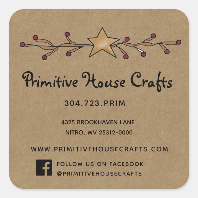 PRIMITIVE STAR & BERRIES ON KRAFT SQUARE STICKER (Front)