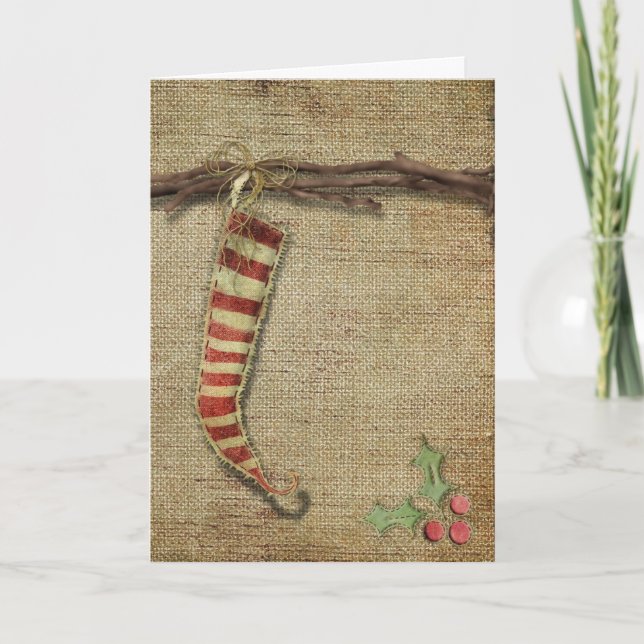 Primitive Stocking Christmas Greeting Card (Front)