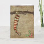 Primitive Stocking Christmas Greeting Card<br><div class="desc">Primitive Christmas greeting card with an old country stocking hanging from a twig.</div>