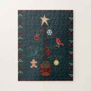 Primitive Style Christmas Tree Folk Art Style Jigsaw Puzzle