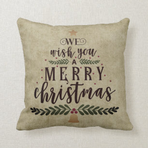 Primitive Style - We Wish You A Merry Christmas Throw Pillow