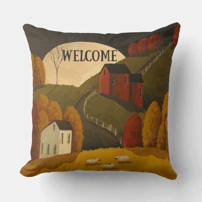 "Primitive Style/Welcome" THROW PILLOW (Front)