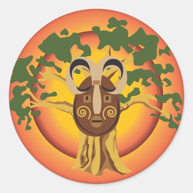 Primitive Tribal Mask on Balboa Tree Glowing Sun Classic Round Sticker (Front)
