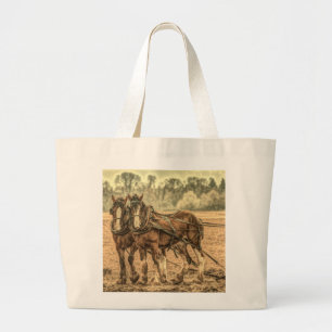 Primitive Western country farm animal draft horses Large Tote Bag