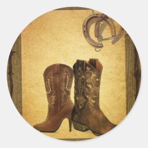 primitive western country horseshoe cowboy boots classic round sticker