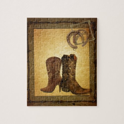 primitive western country horseshoe cowboy boots jigsaw puzzle