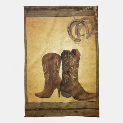 primitive western country horseshoe cowboy boots kitchen towel