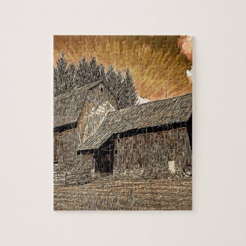 Primitive Western country old barn farmhouse Jigsaw Puzzle