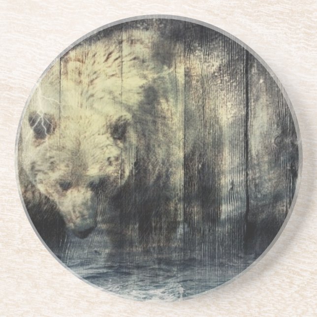 Primitive Western Woodgrain Woodland Grizzly Bear Sandstone Coaster (Front)