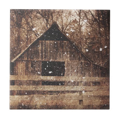 Primitive Winter Snow Country Rural Old Barn Ceramic Tile