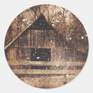 Primitive Winter Snow Country Rural Old Barn Classic Round Sticker