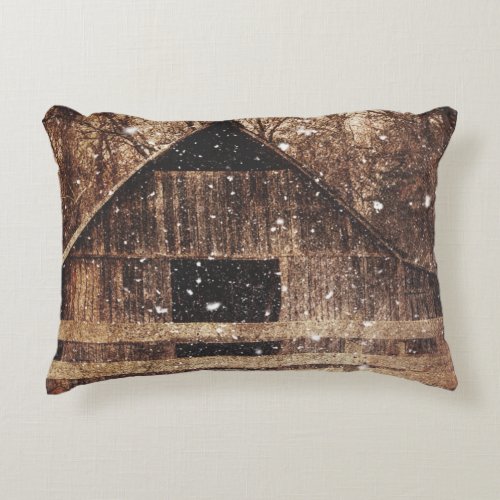 Primitive Winter Snow Country Rural Old Barn Decorative Pillow