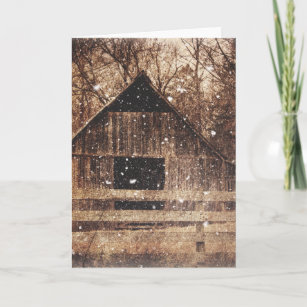 Primitive Winter Snow Country Rural Old Barn Holiday Card