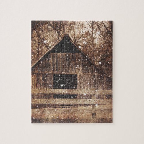 Primitive Winter Snow Country Rural Old Barn Jigsaw Puzzle