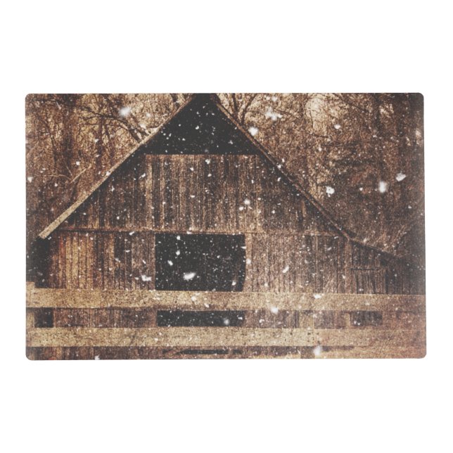 Primitive Winter Snow Country Rural Old Barn Placemat (Front)