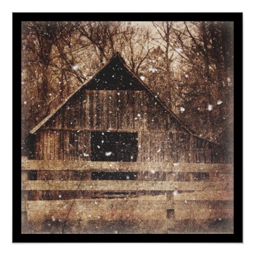Primitive Winter Snow Country Rural Old Barn Poster